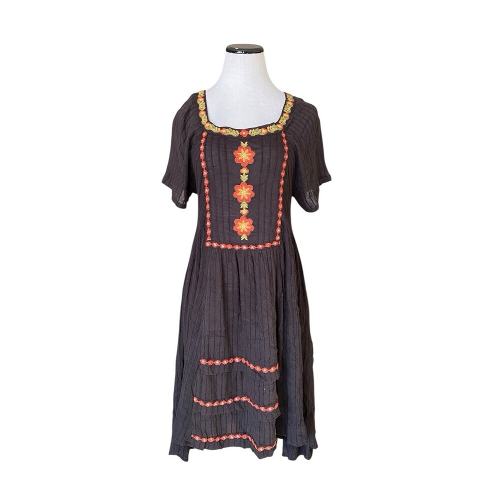Free People‎ Boho Embroidered Fall Midi Dress Size S Black Harvest Festival Folk